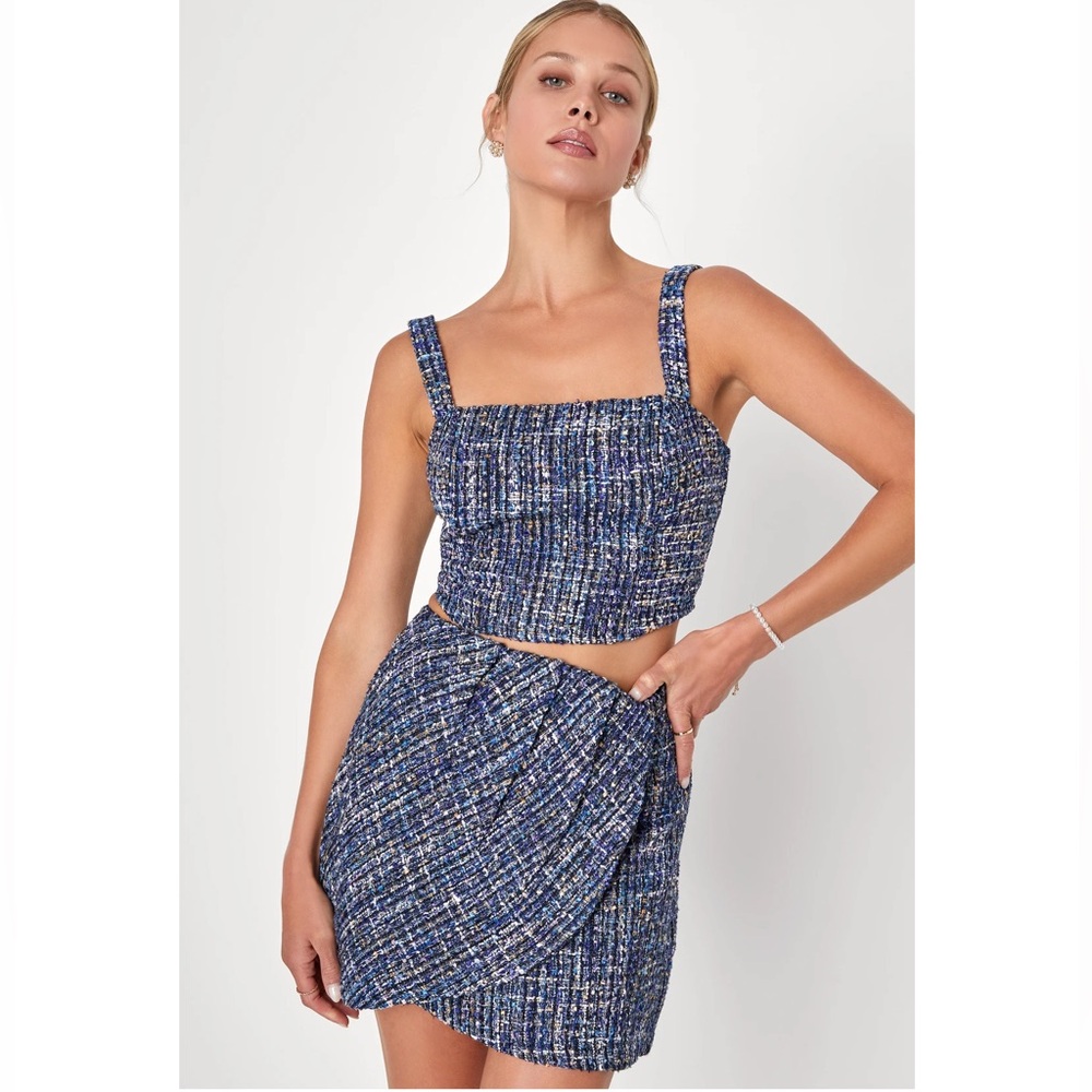 Lulus Posh Flirt Navy Blue Multi Tweed High-Rise Tulip Mini Skirt Medium